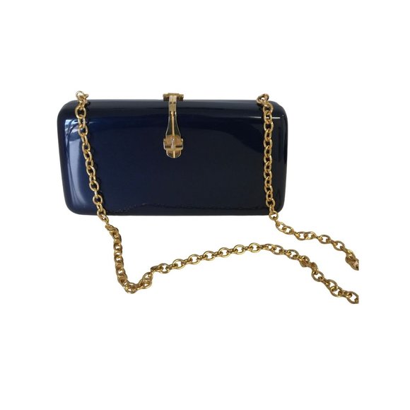 Vintage Lucite Structured Bag Navy Blue Classic Lucite Box Clutch Crossbody Shou - Picture 2 of 16